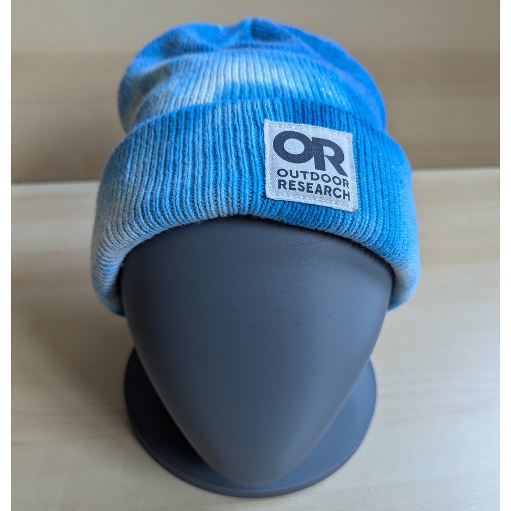 Outdoor Research Blue Tie Dye Knit Beanie Hat Cuffed Gorpcore Logo Patch